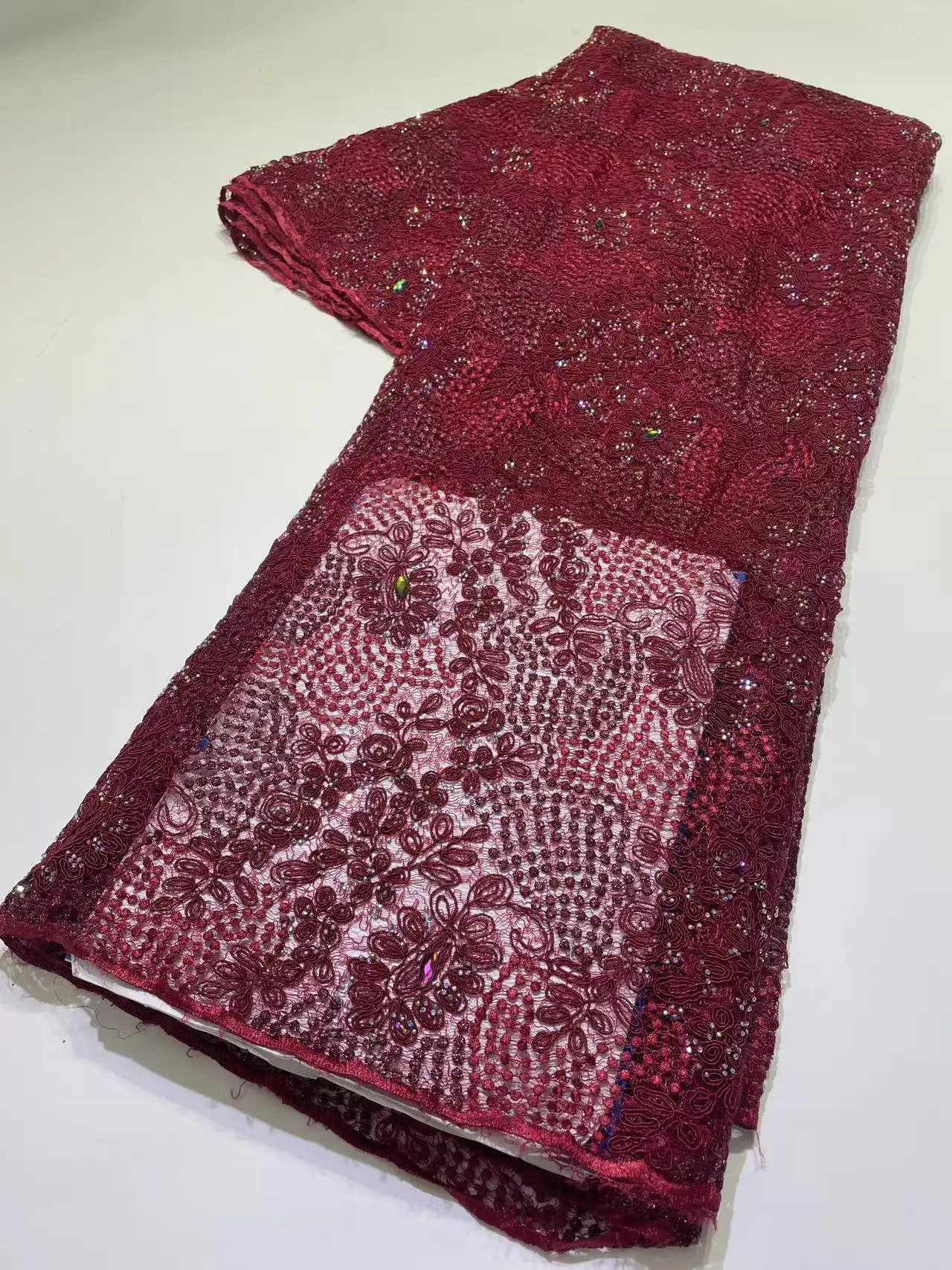 

Wine 2026 High Quality French Tulle Sequins Net Lace Fabric African Stones Lace Fabric Nigeria For Wedding Dress Party G155-1