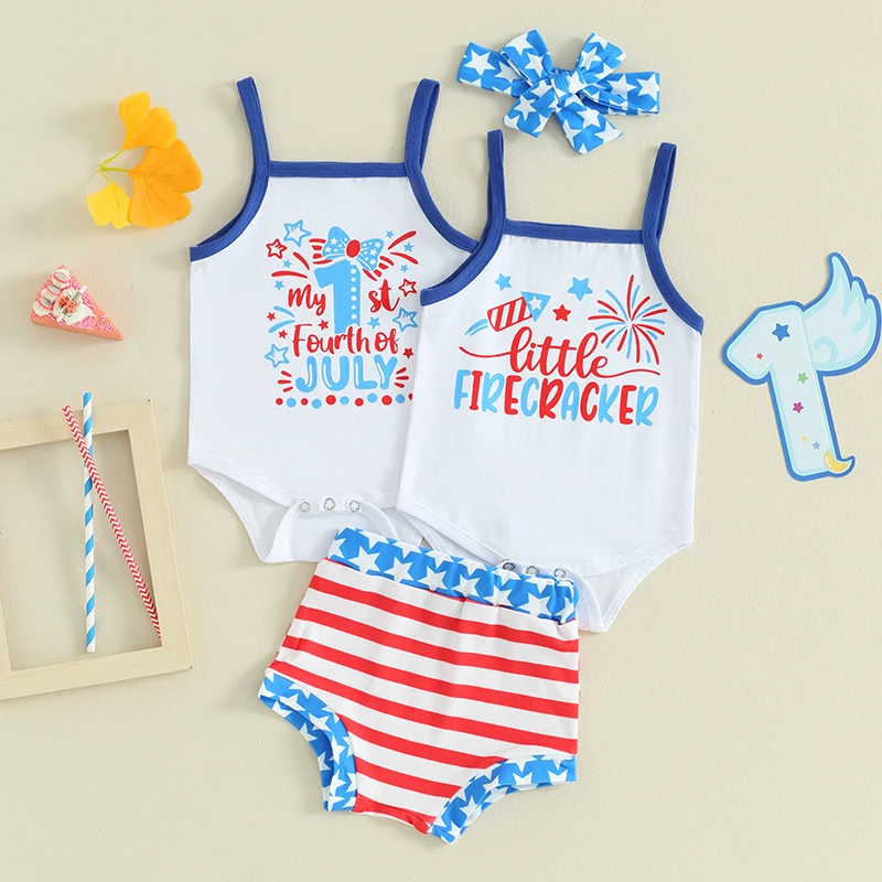 

Baby Girls Shorts Set Sleeveless Letters Print Romper with Stars Striped Shorts Hairband Summer Outfit for Independence Day