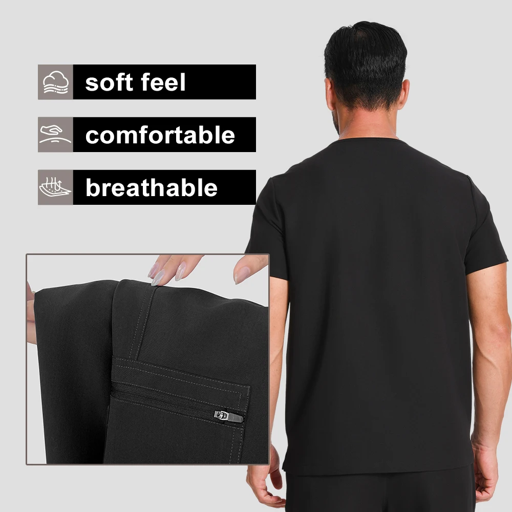 KUNGFU SCRUBS Men Surgical Uniforms Scrub V-neck Top Antibacterial Nursing T-shirt Soft Breathable Short Sleeve For Doctor/Nurse