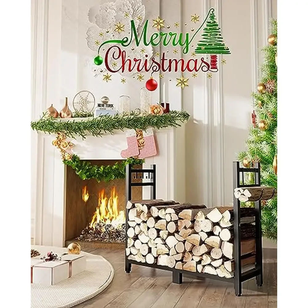 حامل تخزين الحطب مع حقيبة حامل سجل وخطافات قابلة للتعديل في الهواء الطلق/داخلي 34 بوصة رف تخزين الحطب من الفولاذ المتين