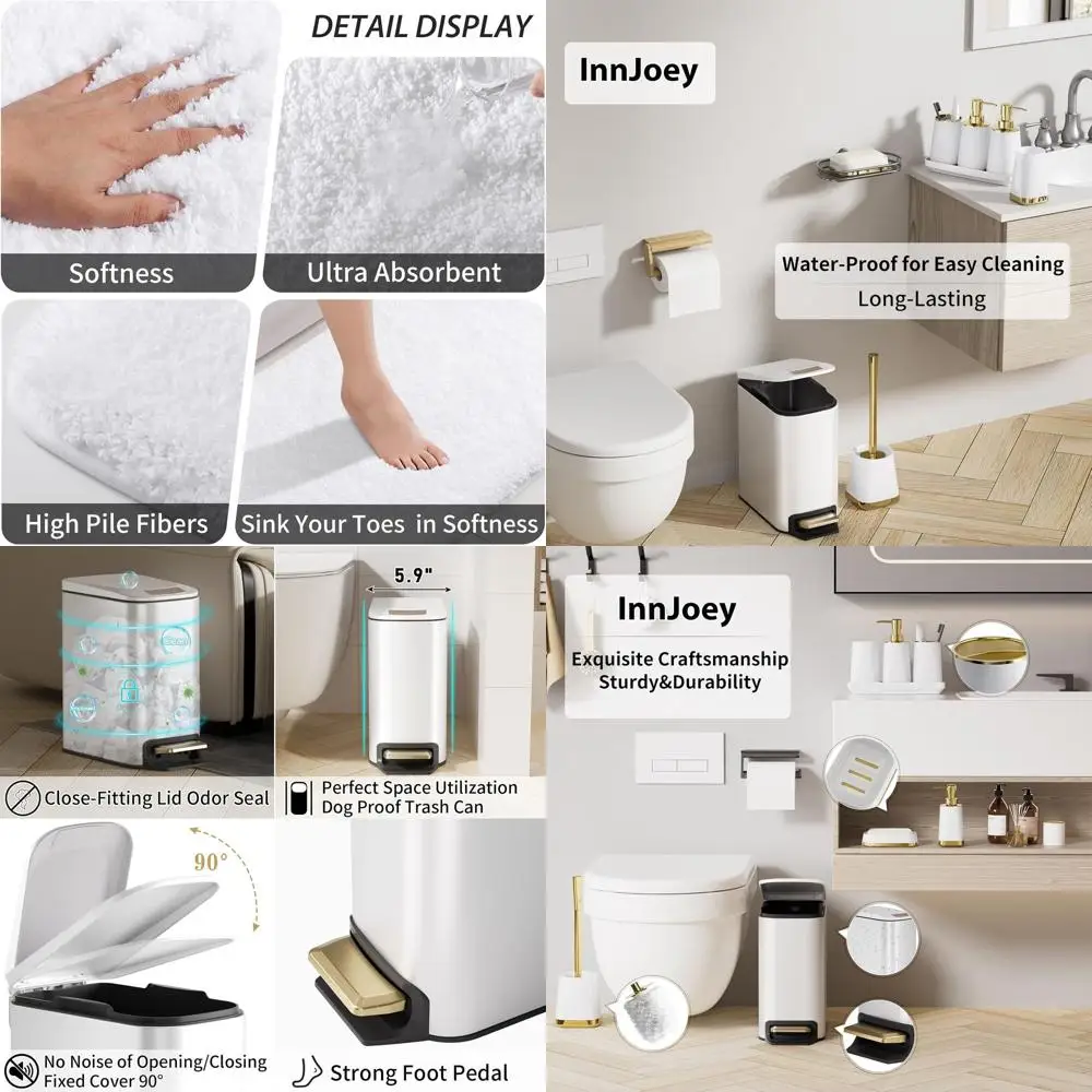 

Elegant 23-Piece White Bathroom Accessory Set with Shower Curtain, Rugs, Stainless Steel Trash Bin, Toilet Brush, and Soap Dish