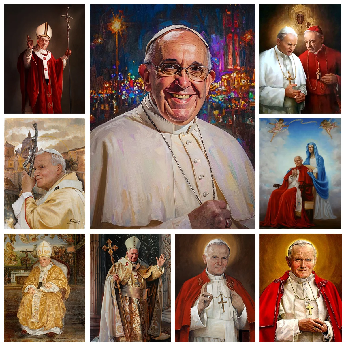 Papst Johannes Paul II 5D-Diamantgemälde zum Selbermachen, volle runde Stickerei, katholische Symbole, Mosaikbild, Kunsthandwerk, Heimwanddekoration