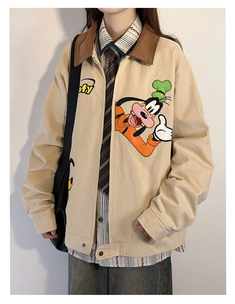 Chaqueta con solapa bordada de dibujos animados infantiles Retro americano para mujer, Top holgado de estilo universitario, chaquetas femeninas de manga larga con cremallera