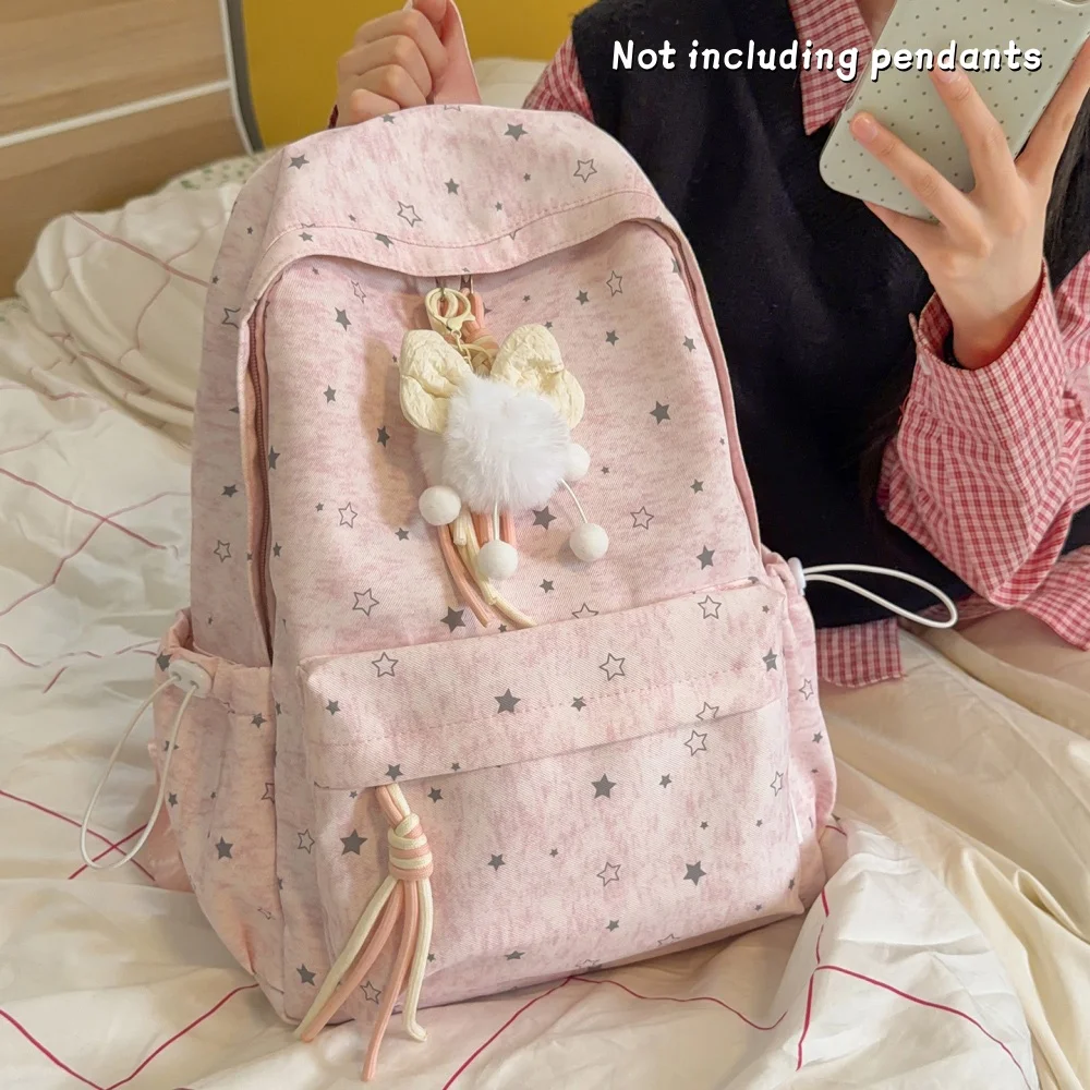 

Korean Style Star Print Backpack,Casual School Bag with Braided Tassel Details Perfect,Commuting and Casual Outdoor Hangouts