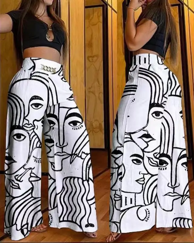 Summer Chain Decor High Waist Wide Leg Pants New Spring Elegant Women Black Casual Pocket Loose Street Trousers Y2k Long Pant