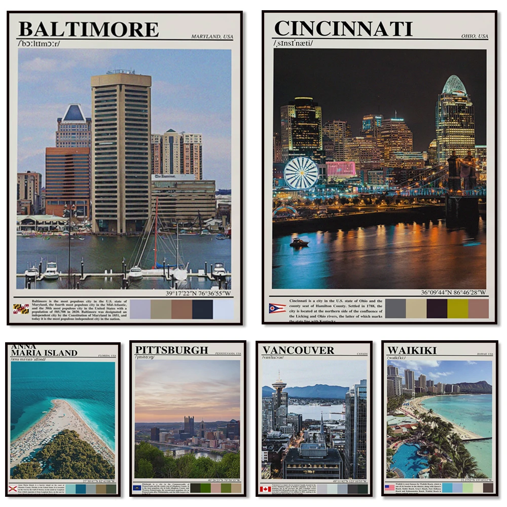 

USA travel poster for Pittsburgh, Vancouver, Waikiki, New York City, Anna Maria Island, Florida, Baltimore, Big Sur, Cincinnati