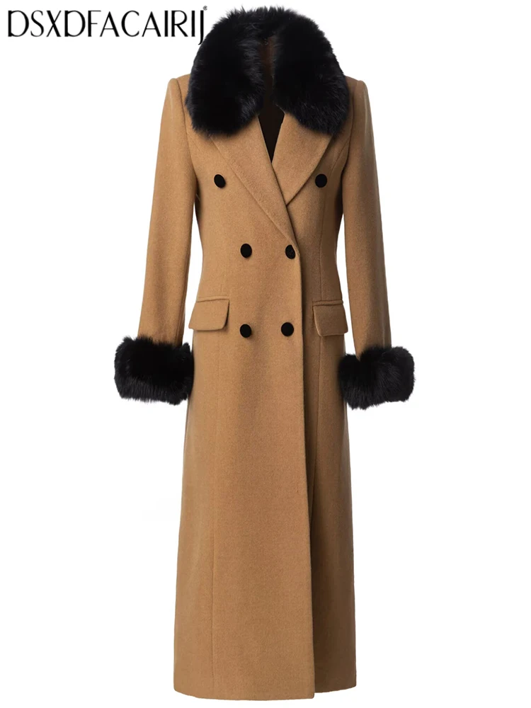 DSXDFACAIRIJ Women's Fur Turn-Down Collar Long sleeves High Street Double Tweed Outerwear Fashion Winter Females