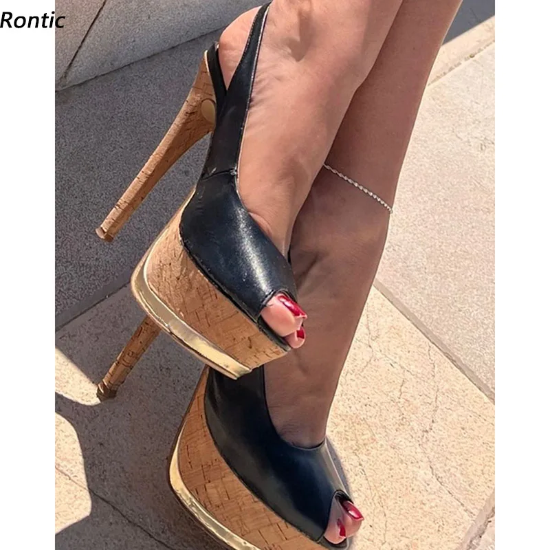 

Rontic Handmade Women Summer Platform Sandals Wedges High Heels Peep Toe Elegant Black Party Shoes Ladies US Size 4-20