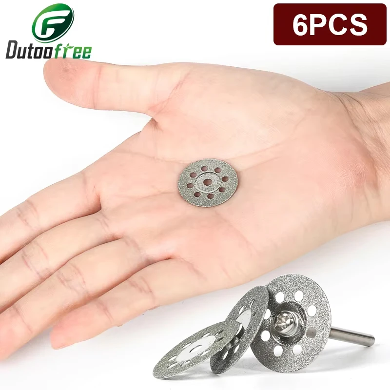 6PCS 22mm Diamond Cutting Disc With 1PC 3mm Grinding Wheel Mandrel for Metal Cutting Rotary Tool Electric Grinder Parts