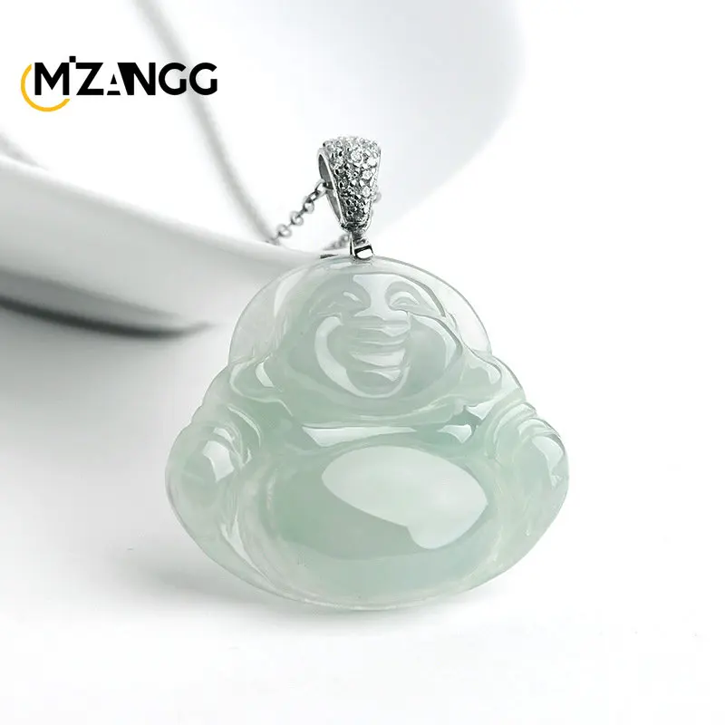 

Myanmar A Goods Jadeite Oil Green Buddha Gong Laughing Buddha Pendant 925 Silver Inlaid Necklace Women's Ice Type Jade Pendant