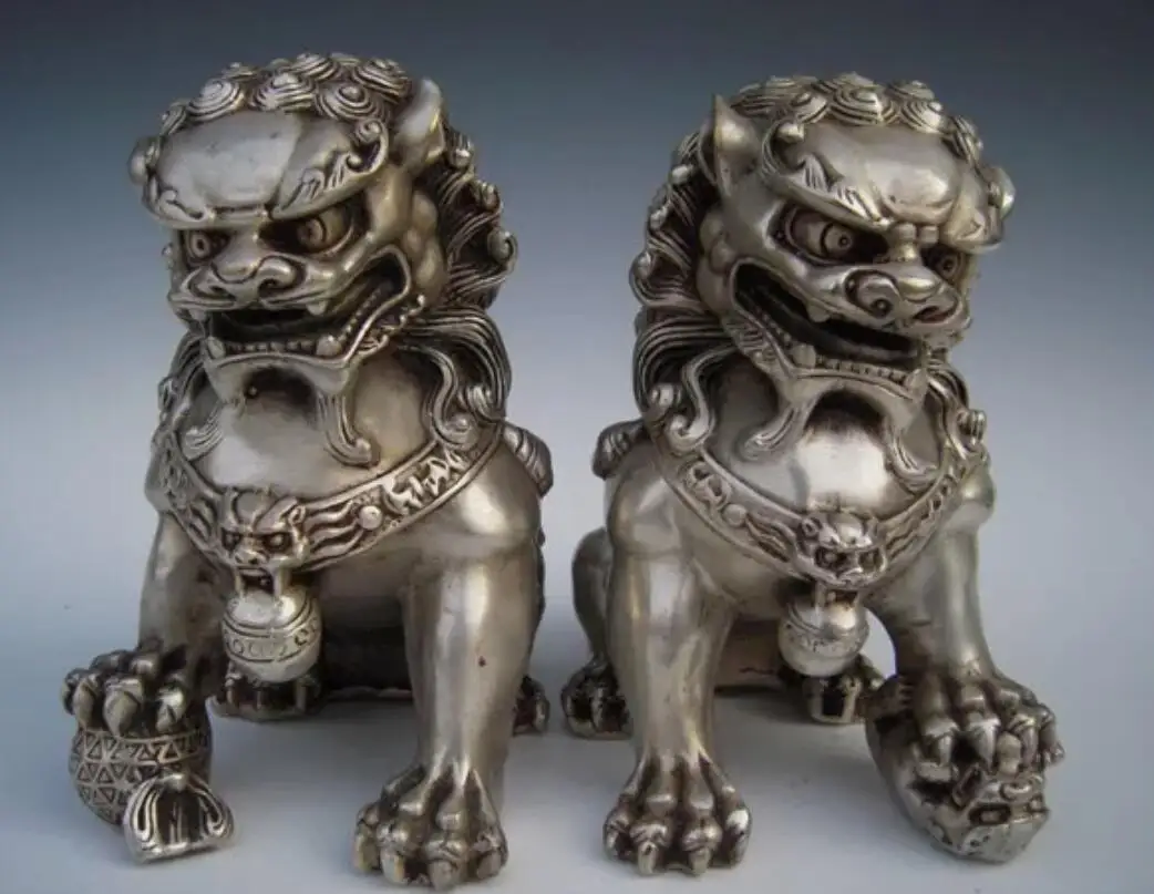 Antique tibet Silver Guardian Lion Fu Foo Dogs Door guard old Statue A Pair