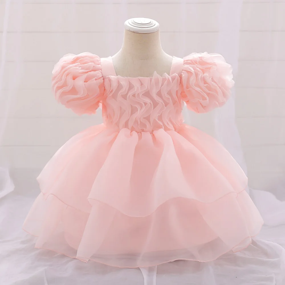 Fluffy Tulle Baby Girl Party Dress Puff Sleeve White 1st Birthday Baptism Wedding Princess Dresses Girls Bridemaid Baby Clothing