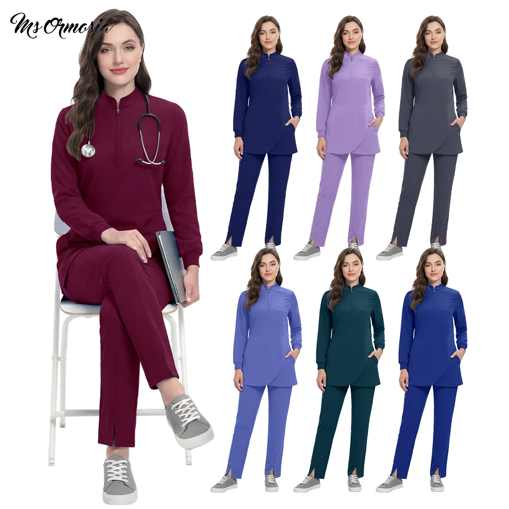 

Multicolor Scrub Uniform Long Sleeve Top+Straight Pant Nursing Clothes Women Pet Shop Medical Doctor Surgery Workwear Beauty Set