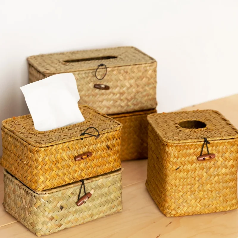 Handmade Woven Rattan Tissue Box Straw Napkin Holder Box Roll Paper Tray Car Living Room Storage Box Home Decor