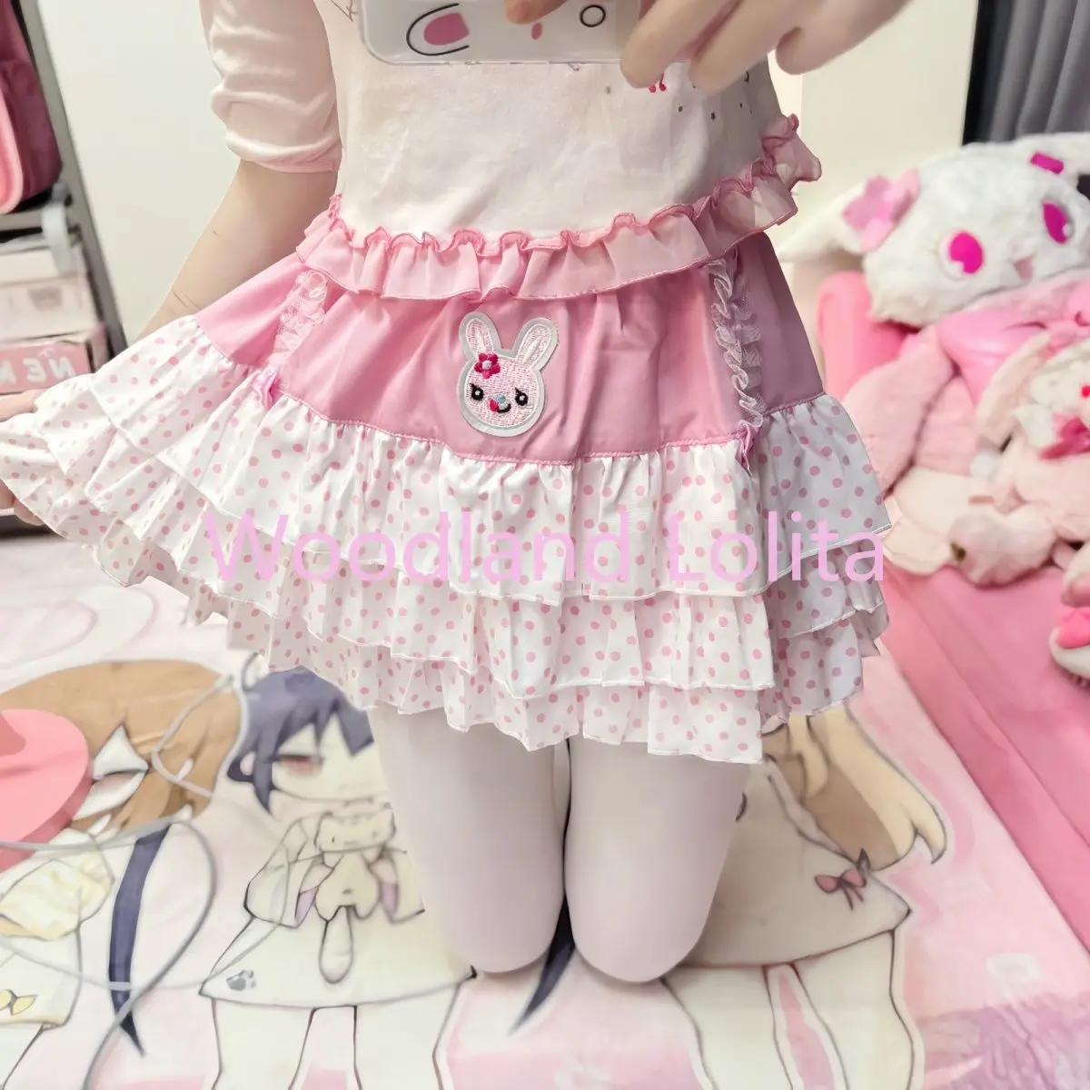 Sweet Japanese Elastic Waist Pink Polka Dot Skirts Kawaii Fashion Patchwork Loose Short Skirt Women's Design Bow Lovely Outfits