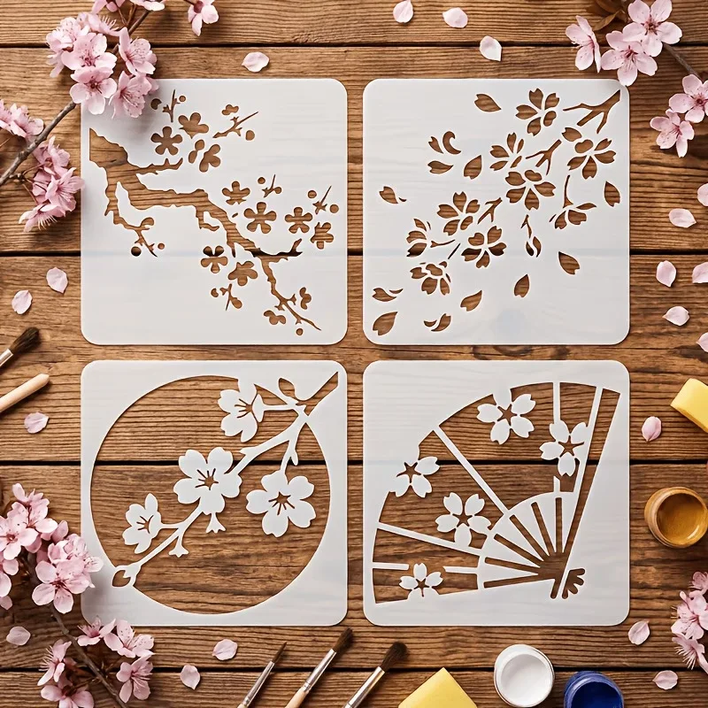 4PCS Japanese Cherry Blossom Stencils Reusable DIY Templates for Wood Crafts Wall Art Graffiti Spray Painting Stencil Projects