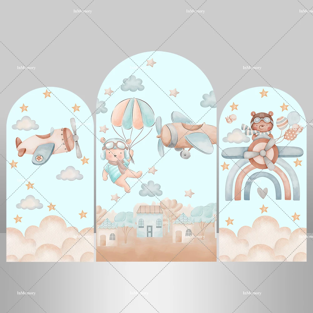 

Bear Pilot Adventure Travel Kids Birthday Baby Shower Covers Chiara Arch Background Decor Photo Backdrop Double-sided