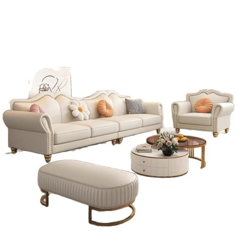 Luxury American retro, leather sofa, high value, small apartment living room, high-end straight row sofa