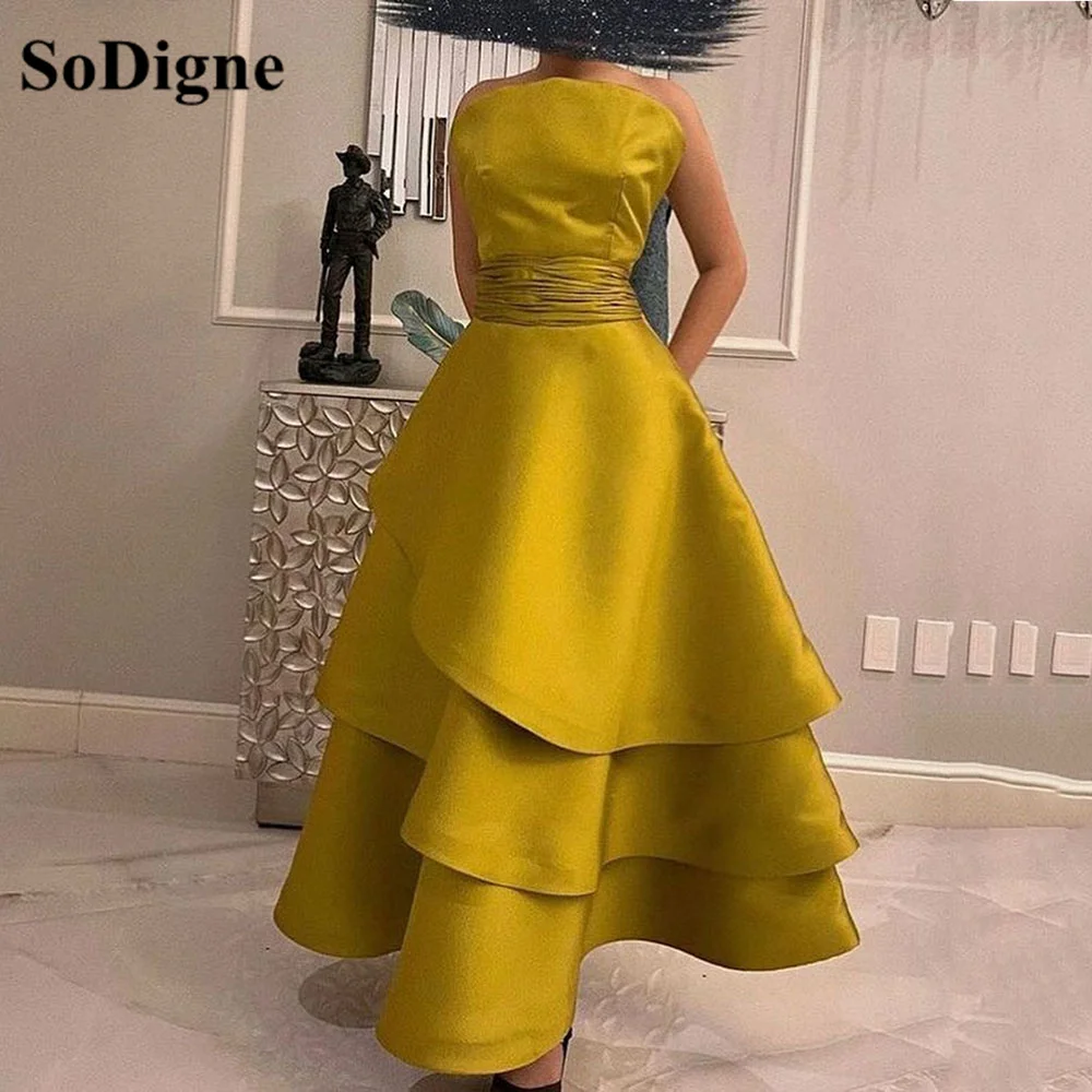 

SoDigne Satin Saudi Arabia A Line Prom Dresses Evening Party Dresses Tiered Pleats Simple Formal Gowns Robes De Soirée