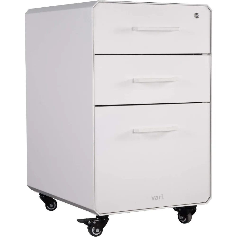

Office Storage File Cabinet with 3 Drawers - Rolling Lockable Wheels, White