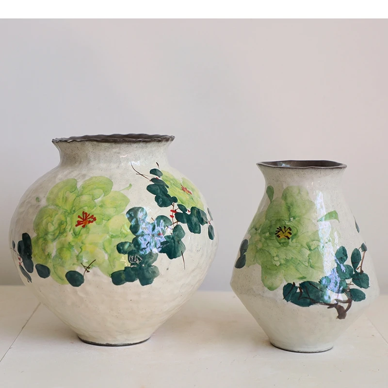 Ceramic Vase Handmade Chinese Watercolor Graffiti Flowers Retro Decorative Earthenware Jars Flower Vase Home Decoration