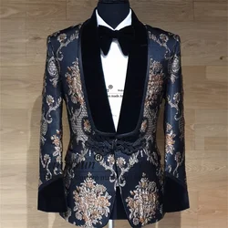 Fashion Flowers Jacquard Men Suits For Wedding Shawl Lapel Groom Tuxedos 2 Piece Male Prom Blazer Pants Outfit Costume Homme