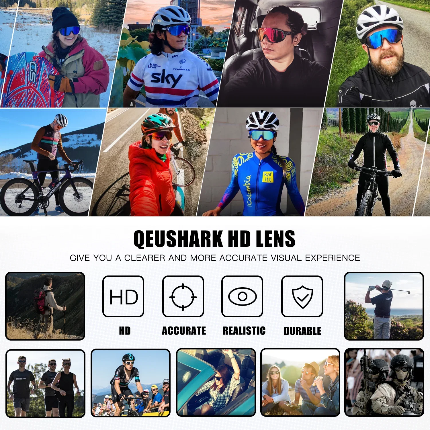 QUESHARK Men Women HD Polarized Cycling Sunglasses Outdoor Sports MTB Bicycle Eyewear Riding Road Bike Glasses 5 Lens Set QE48
