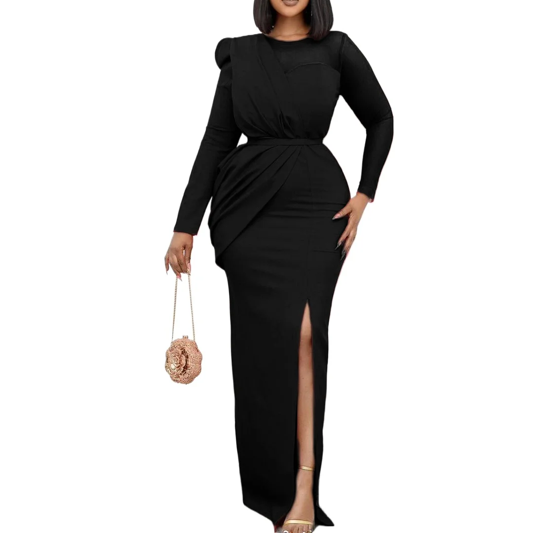 

Solid Color Formal Evening Dresses Women Spring Long Sleeve Mesh Patchwork Maxi Party Dress Elegant Lady Sexy Slit Bodycon Dress
