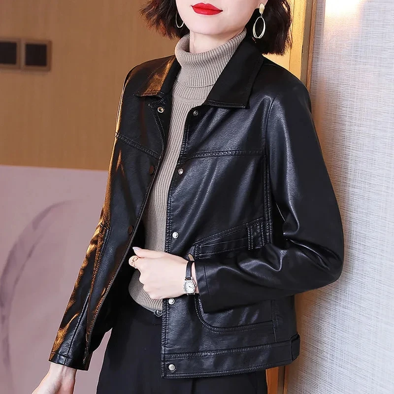 High-End Leather Coat Middle Aged Elderly Women Jacket 2024 New Retro Casual Spring Autumn Jacket Tops Korean Version Outerwear