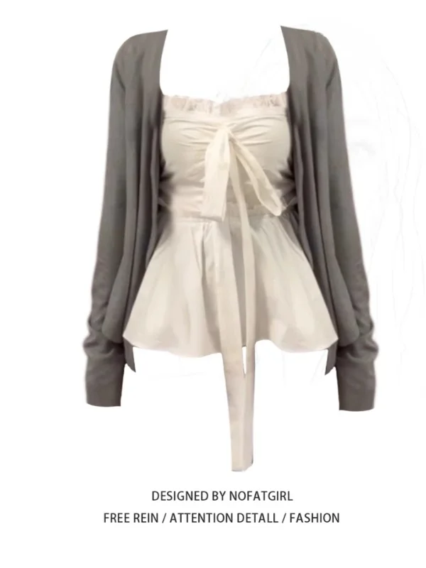 

plus Size Faionable White Knot Crop Top And Open Cardigan Set Anti-Aging Cute Student Work orm Sle Autumn Wear