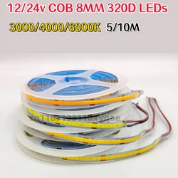 DC 12V 24V FOB COB Strip 320Leds/M High Density RA90 White 3000K 4000K 6000K IP21 Flexible Ribbon Rope LED Light