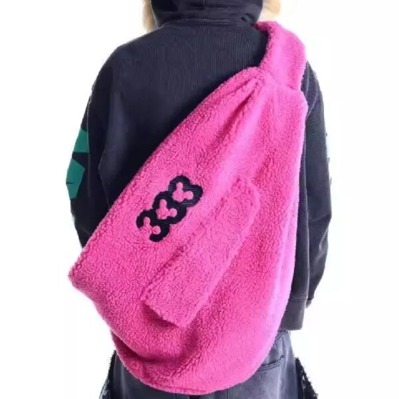 2026 New Fleece Sling Crossbody Chest Bag Embroidered Multi‑Pocket Zipper Casual Streetwear Travel Shoulder Daypack Pink Black