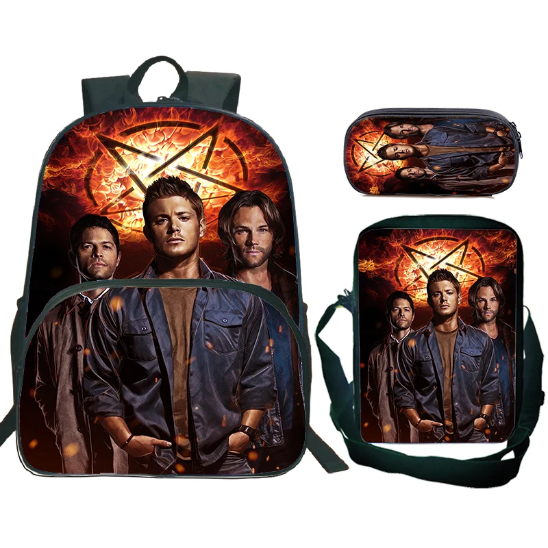 مجموعة من 3 قطع حقيبة ظهر للأطفال SPN خارقة للطبيعة مع حقائب كتف، مقلمة حقائب مدرسية خارقة للطبيعة للبنين والبنات أفضل هدية
