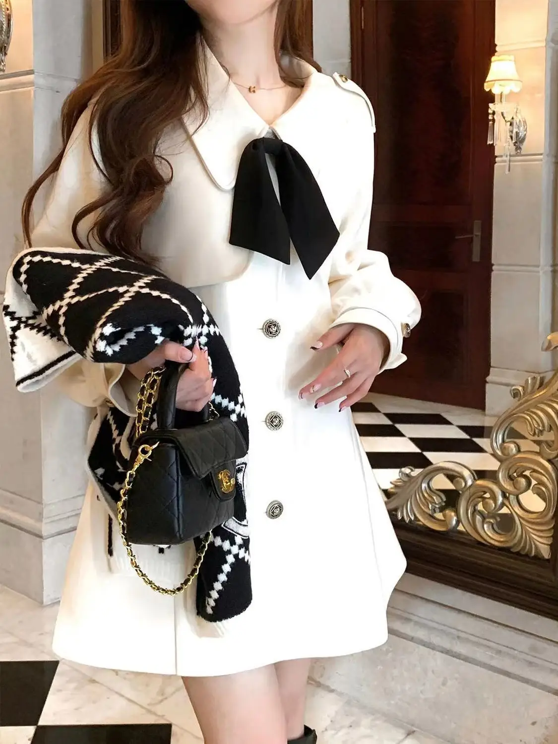 Korea Woolen Coat Korean Fashion Cape Coats For Women Winter New Kawaii Bow Doll Collar White Elegant Woolen Coat
