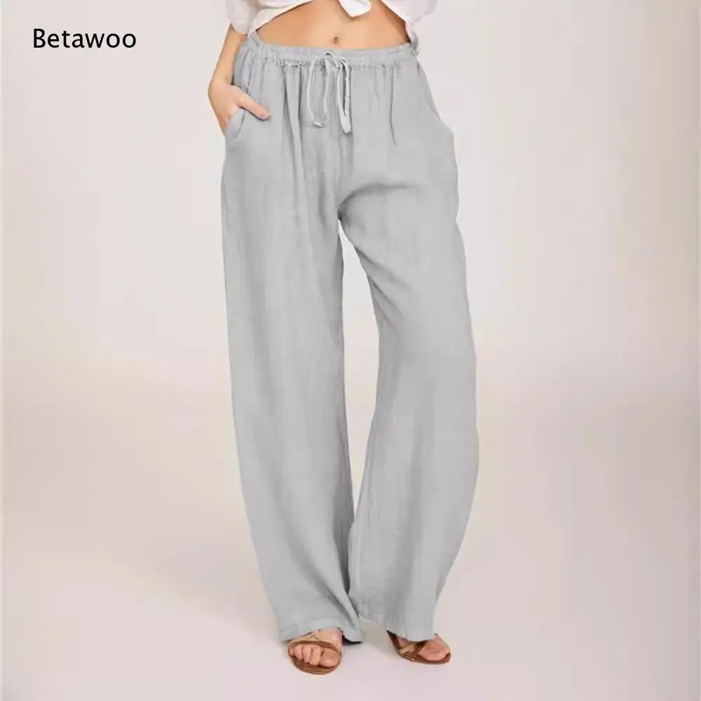 Women Drawstring Elastic Waist Linen Wide Leg Pants Casual Loose Trousers with Side Pockets for Summer Daily Wear
