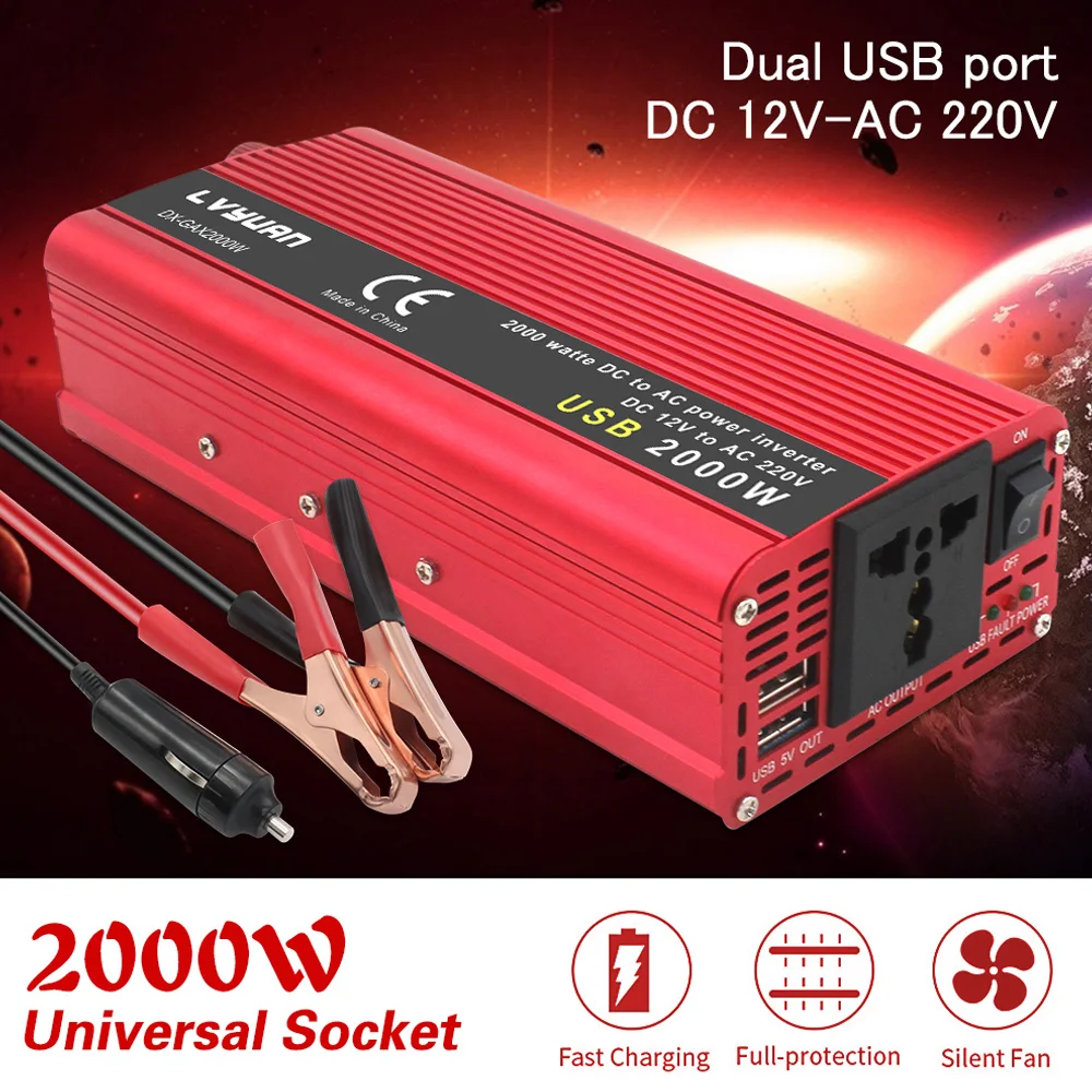 1500W/2000W/2600W DC12V/24V to AC220V Power Inverter Modified Sine Wave Car Charge Converter 50Hz/60Hz Dual USB Universal Socket