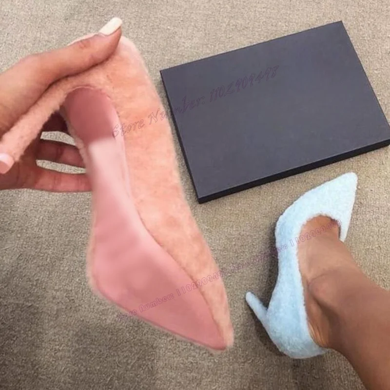 Pink Fluffy Shallow Pumps Fur Pointed Toe Shoes for Women Solid Color Thin High Heels Sexy Autumn Shoes 2023 Zapatos Para Mujere