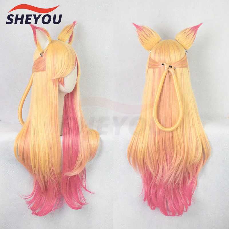 LOL Ahri Gumiho Star Guardian Golden Pink Mixed Color Ombre Wavy Wave Long Heat Resistant Hair Cosplay Costume Wigs + Wig Cap