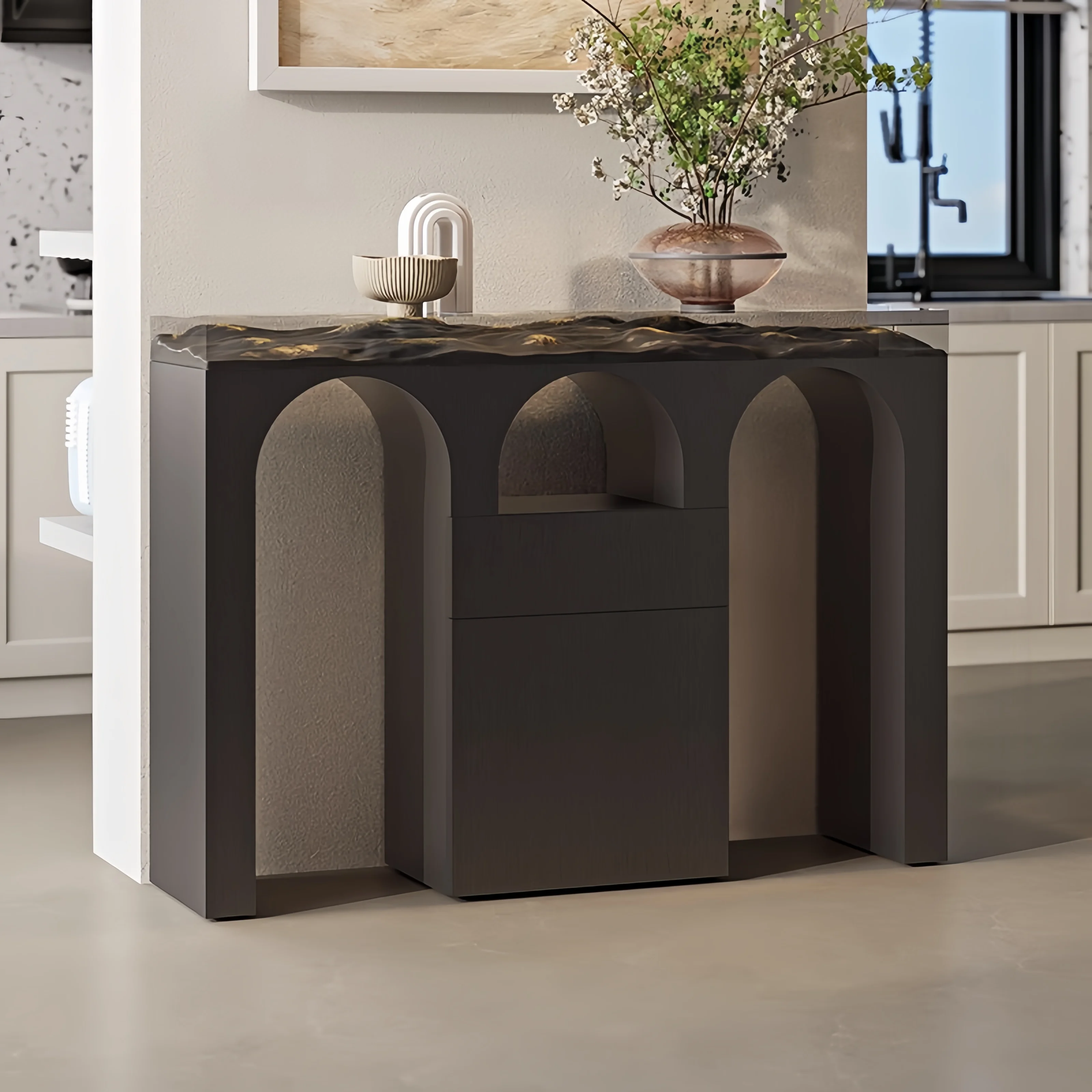 

Входная дверь входной шкаф, коридор гостиной, современный светлый роскошный и высококачественный декоративный стол с торцевым видом.