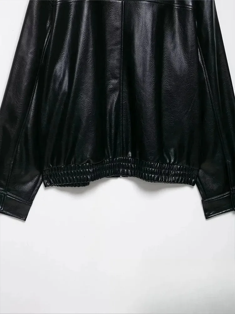 KONDALA Casual Chic Giacca in pelle nera Tasche da donna Manica lunga Cappotti con cerniera Moda 2025 Autunno Inverno Streetwear Outwears