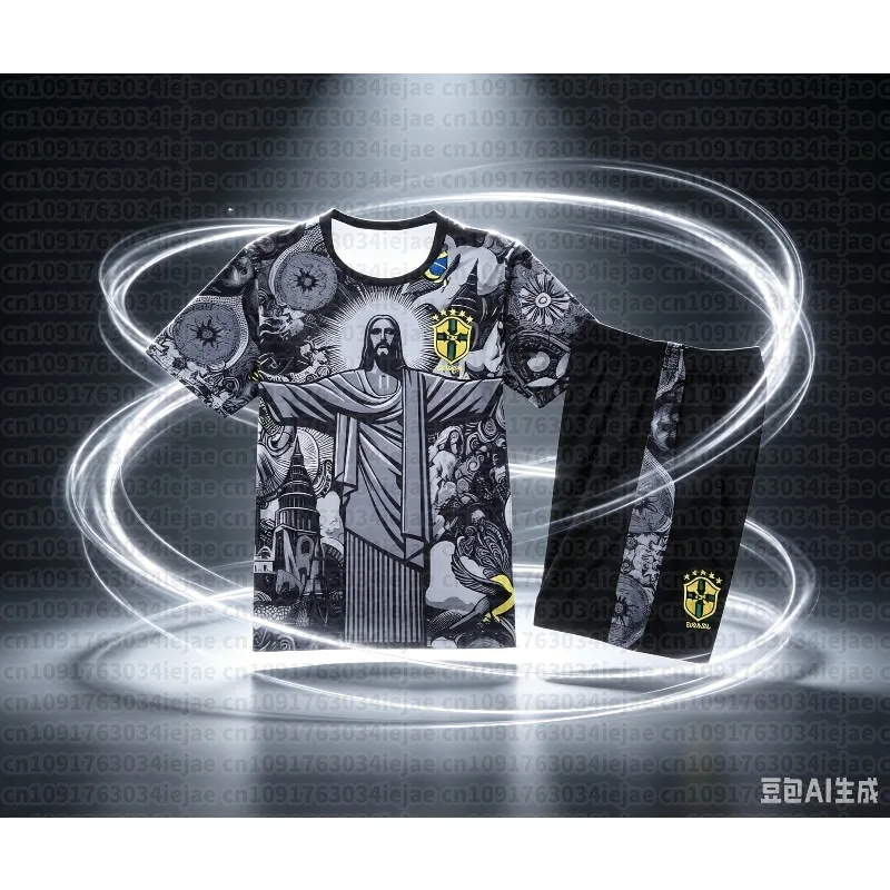 2026 Streetwear 2 Piece Set for Adults and Kids Brazil Christ The Redeemer Short Sleeve T Shirt Shorts Summer Football Tracksuit