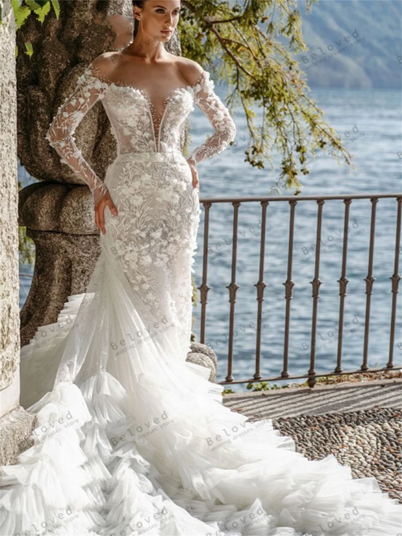 Vestidos de casamento sem costas com decote em v para mulheres, lindos, lindos, renda sereia, apliques sensuais, 2022