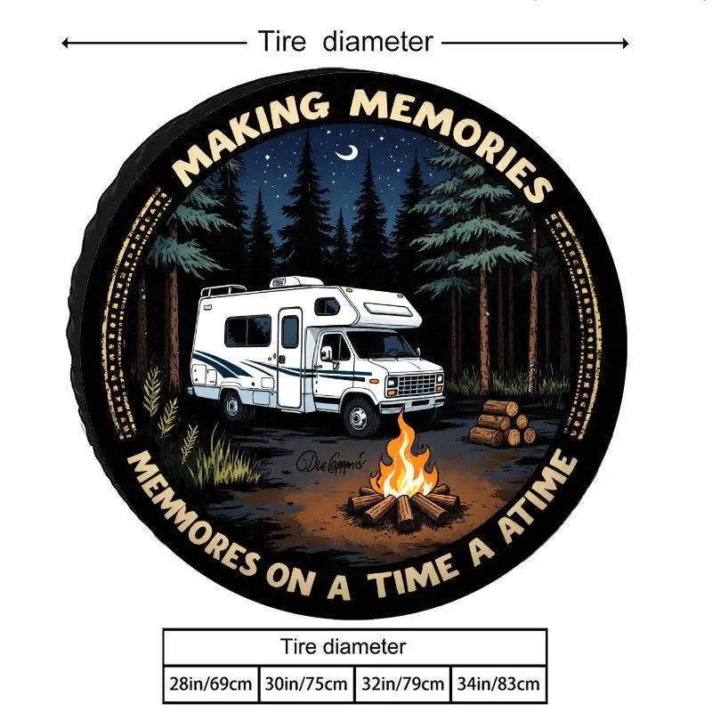 Night Forest RV Camping Pattern Spare Tire Cover, Durable Polyester Fiber Dustproof Sunproof Car Tire Cover With Starry Campfire