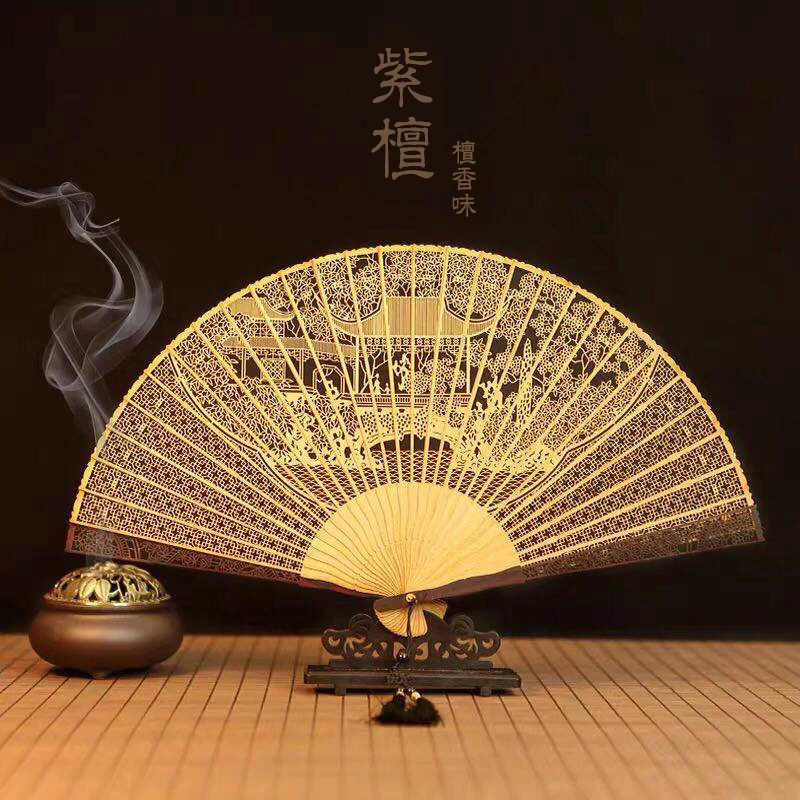 Jishan Intangible Cultural Heritage Crafts Specialty Sandalwood Fan Rosewood Folding Fan Sandalwood Hollow Fan Merchandise Ornam