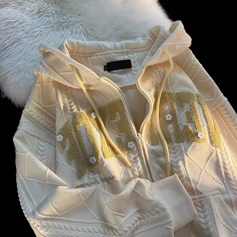 Retro Letter Embroidered Hooded Sweatshirt Cardigan for Women in Spring and Autumn Thin Loose Lazy Style Casual Couple Jacket