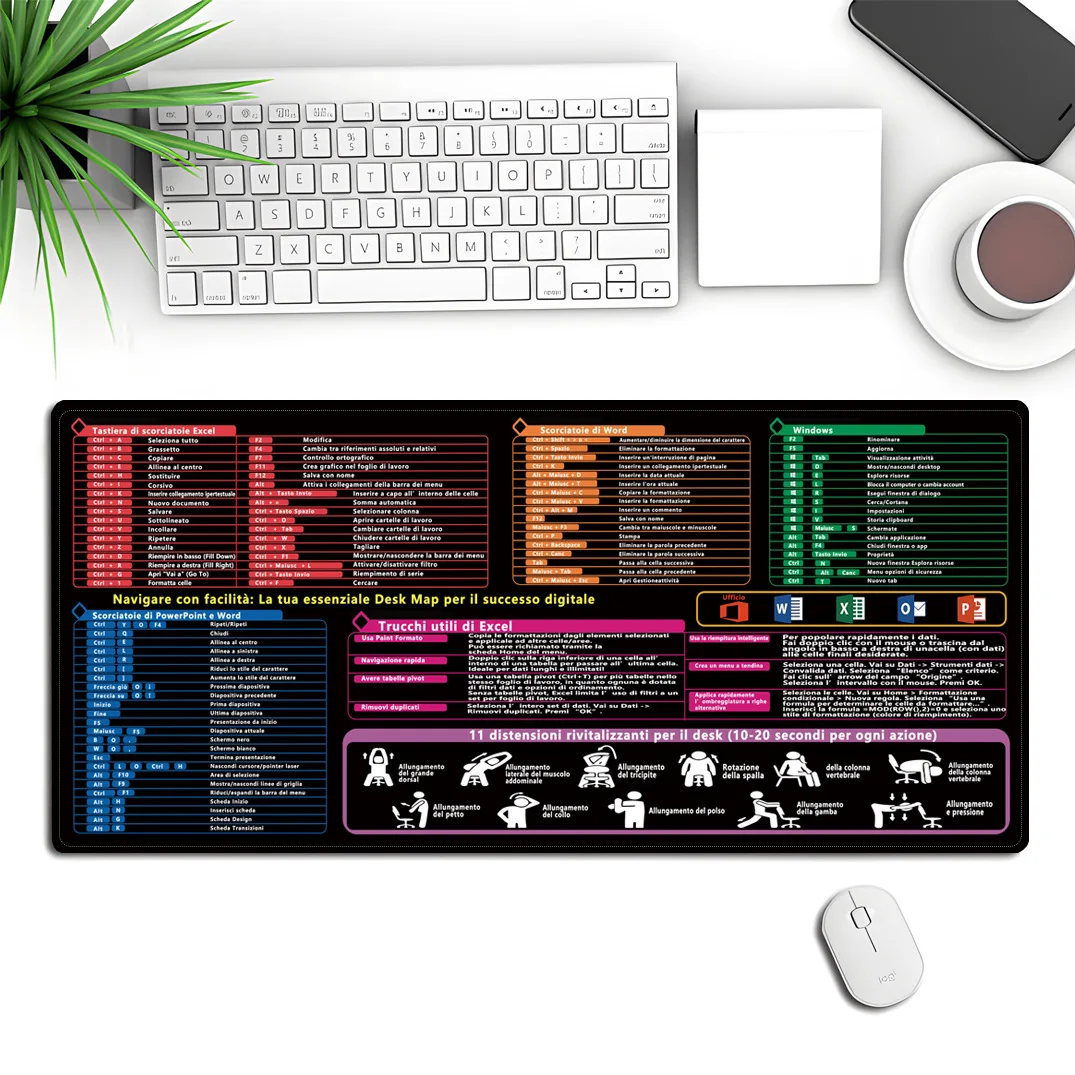 النسخة الإيطالية Excel/Word/Windows/PPT لوحة ماوس ذات ورقة الغش، لوحة مفاتيح الكمبيوتر لطلاب عمال المكاتب حصيرة مكتب المكتب