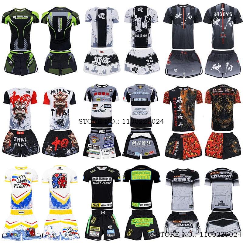 Muay Thai Boxing Shorts and T Shirt Set Cage Fighting Kickboxing Shorts MMA Rashguard Men Women Martial Arts Training Uniform