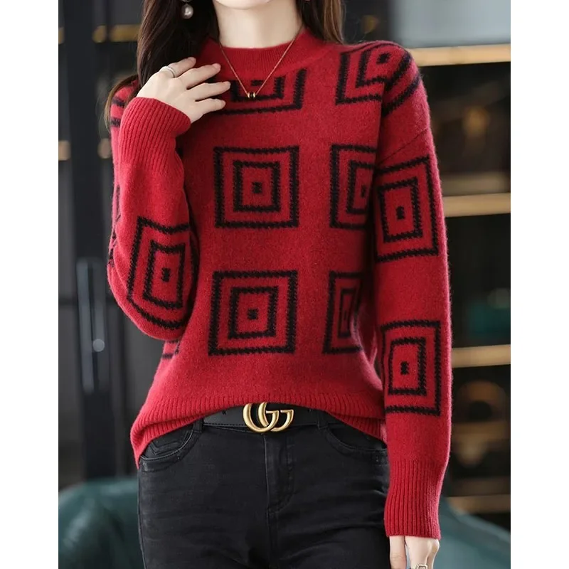 

Commute Casual Female Half High Collar Knitted Pullovers Autumn Winter Women's Clothing All-match Geometric Pattern Sweaters