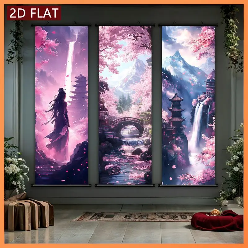 VIKAMA Anime-Style Cherry Blossom Scroll Tapestry, Vertical Cherry Blossom Wall Hanging, Aesthetic Bedroom Tapestry, Home Decor