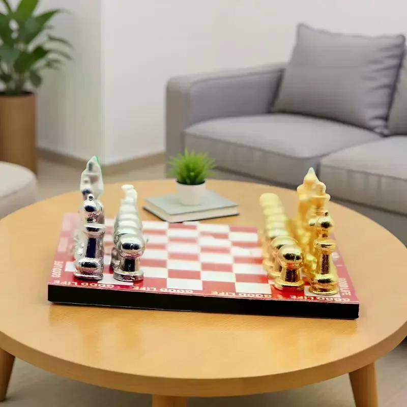 Miniature Red Table Chess Set, Magnetic Board Game for 1:12 Dollhouse Scene Display